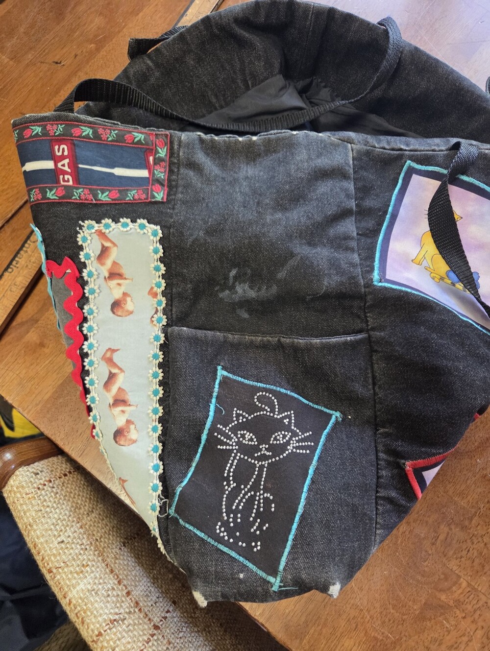 Vintage Upcycled Black Denim XL Tote Bag 22x16 - One-of-a-Kind Handmade Pop Art - Picture 3 of 8